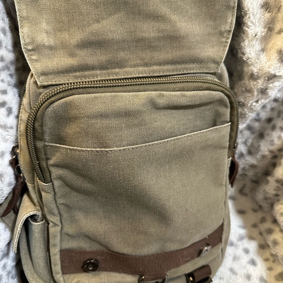 Tan and Brown Canvas Backpack with Leather Accents - Picture 5 of 7